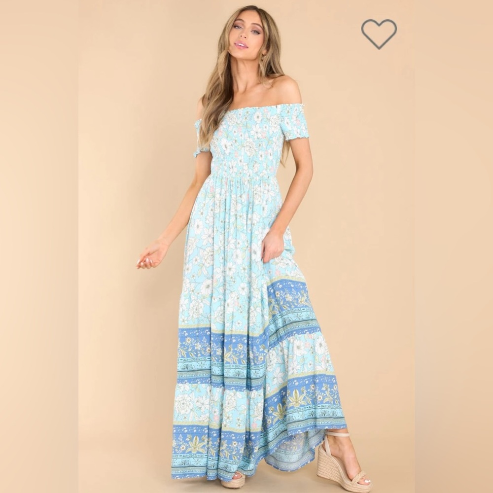 Red Dress Boutique Light Blue Floral Off-Shoulder Maxi Dress